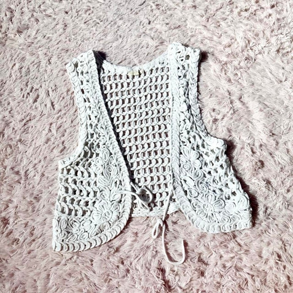 Earthy Boho Whimsical Festival Country Cowgirl Open Knit Tie Front Vest Womens L